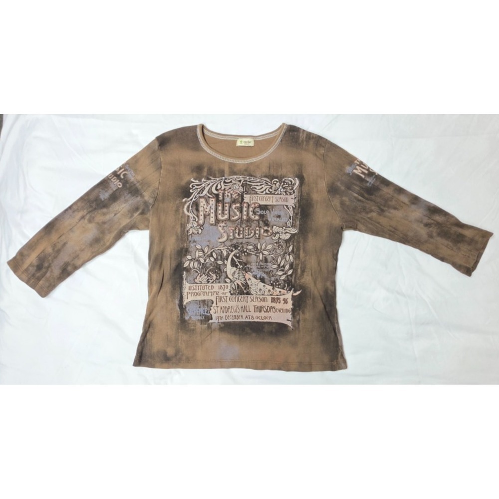 Cactus Womens M Y2K Music Studio Brown Distressed Rhinestone Graphic Top